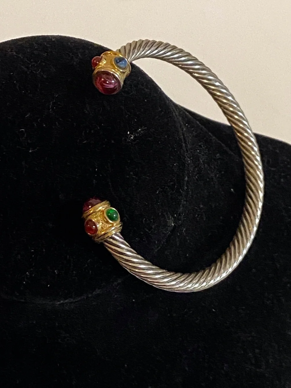 Twisted Silver Tone Open Cuff Bracelet with Multicolor Cabochons